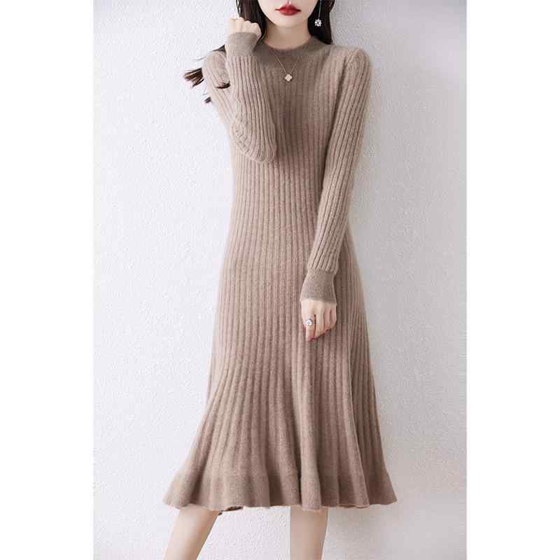 ワンピース レディース メリノウール ニット ラウンドネック ミモレ丈 カシミヤ ドレス インナー 秋冬｜emuland