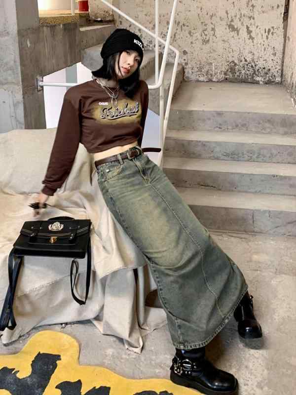 スカート 女性用 ロング デニム ミディ 半身スカート ハイウエスト 切り替え デザイン ヴィンテージ ウォッシュ加工 コットン 素材 微弾性 軽量 伸縮性 ストリート カジュアル 普段使い グリーン 復古 カラーリング 直筒 シルエット ベルト アクセ|emuland