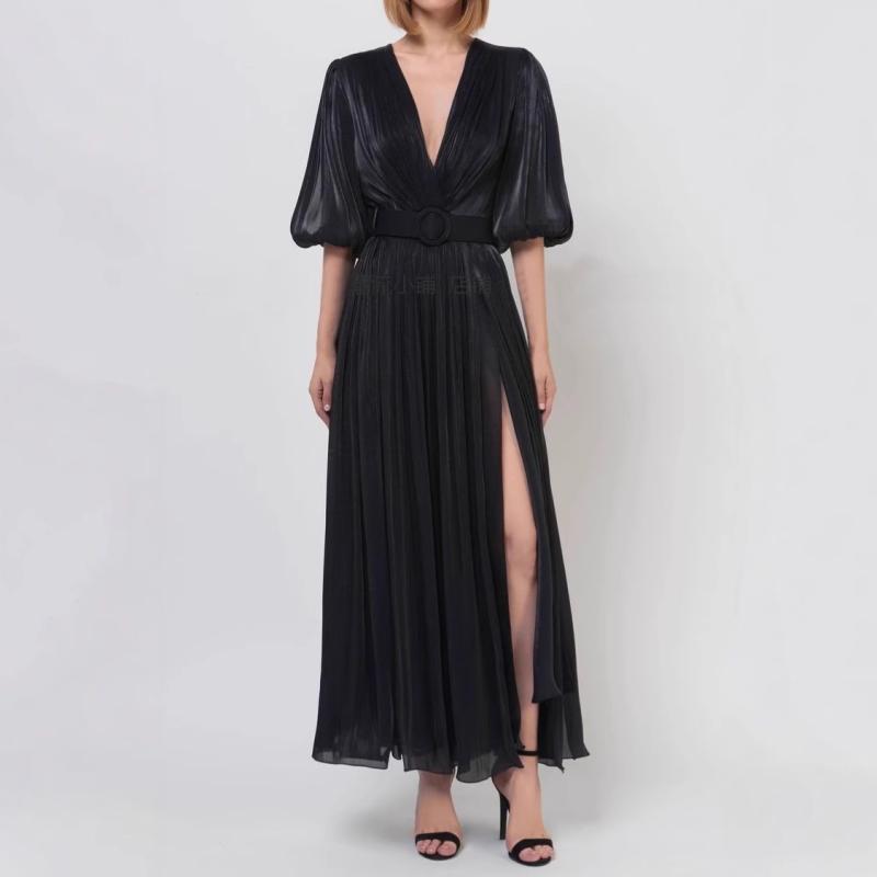 ワンピース 灯?袖 Vネック プリーツ ハイウエスト サイドスリット ロングスカート 黒 ローズレッド 女性用 私服 気質 純欲風 立体パターン ポリアミド ファッション かわいい スタイル 単品 長丈 膝下丈 5分袖 高腰 ファスナー|emuland