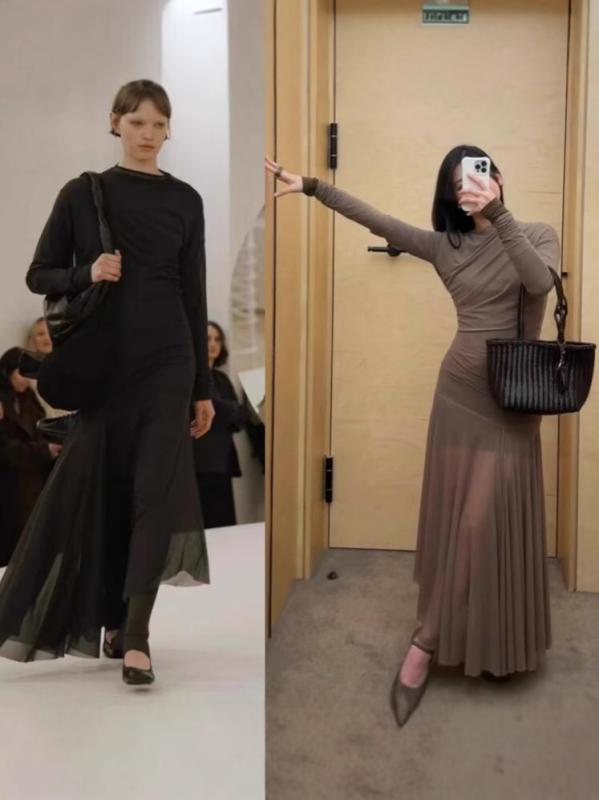長袖Tシャツ 薄? 親肌 ネット生地 ワンピース セット 女性用 気質 通勤 セットアップ 長丈 イビツ ハイウエスト 丸首 長袖 ポリエステル 再生繊維 ライトベージュ チャコールグレー 優雅 スタイル カジュアル 普段使い 軽量 伸縮性|emuland