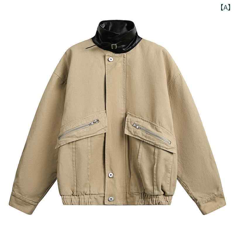メンズ ジャケット 春秋 カジュアル 長袖 皮襟 切り替えデザイン｜emuland