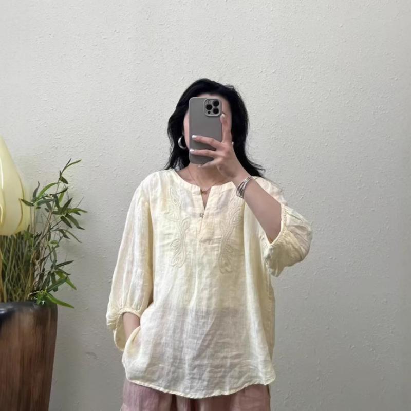 レディース シャツ トップス ?麻 麻 刺繍 刺繍柄 韓国風 韓風 ワイド ルーズ ビッグシルエット ゆったり シルエット 小Vネック Vネック 七分袖 灯籠袖 セットインスリーブ プルオーバー セットアップ トップス 復古風 レトロ風 ボヘミアン ボヘ｜emuland