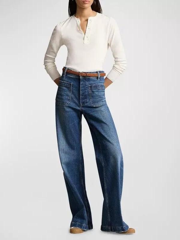 レディース デニムパンツ 牛仔 コットン 素材 95%以上 ミディアムウェスト ジッパー タイプ ボタン デザイン ワイドレッグ ゆったり シルエット 伸縮性 ブルー 気質 通勤 スタイル ビジネス カジュアル 普段使い 軽量 快適 春季|emuland