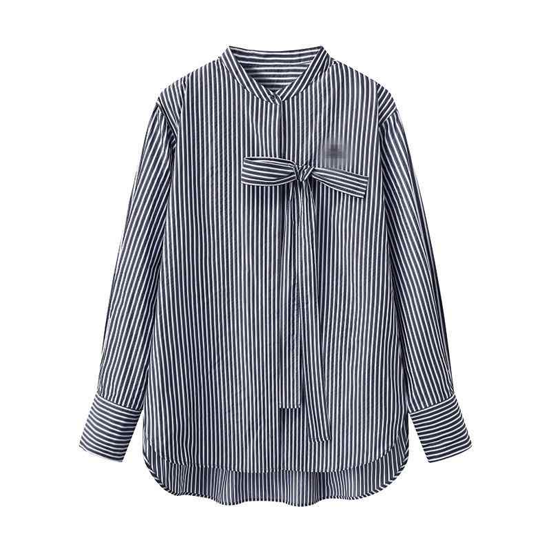 シャツ トップス 開襟 長袖 綿ポリエステル ポリエステル 混 シンプル ゆったり ストライプ 蝶結び 刺繍 花柄 切り替え 春 甘め かわいい 爽やか 日常使い デイリー フェミニン 軽やか 涼しげ｜emuland