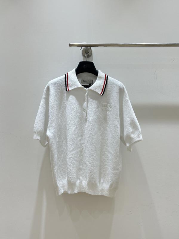 2025年春季 ニットトップス POLO領 ストライプ 半袖 パッチワークデザイン カジュアル アカデミック風 レディース｜emuland