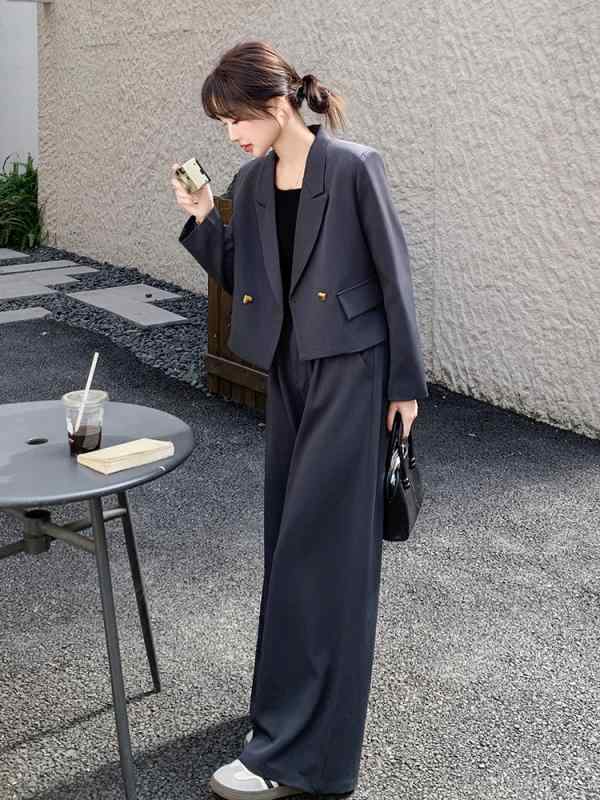 レディース セットアップ 春季 気質 通勤 短丈 ジャケット トップス ワイドレッグ パンツ 長袖 ポリエステル 切り替え 純色 グレー 長パン ビジネス 普段使い セット 女性用 シルエット 伸縮性 吸湿速乾|emuland