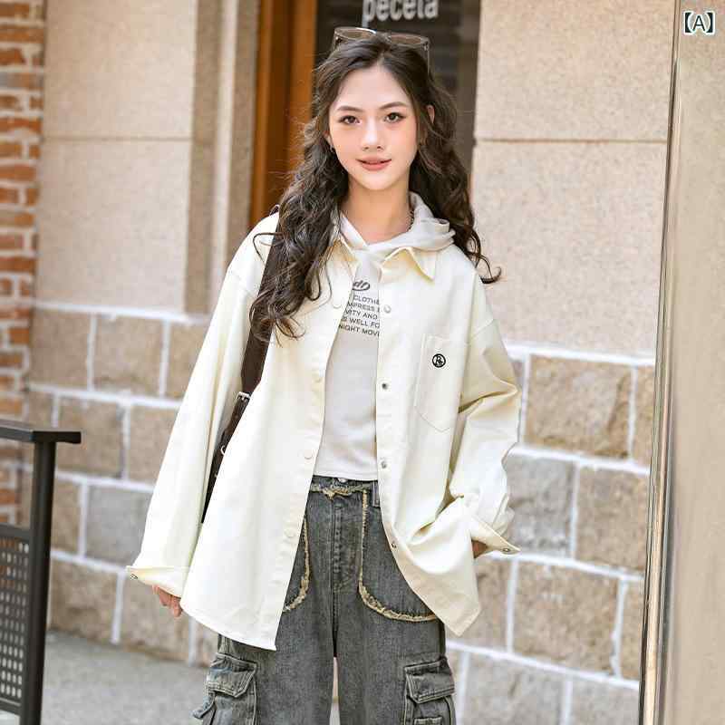 女児 トップス キッズ シャツ 女の子 長袖 綿 100% 柔らか素材 純色 字母プリント 開衫 春秋 米白 イエロー ピンク 日常使い 学校用 軽量 快適 百搭 韓国風 カジュアル｜emuland