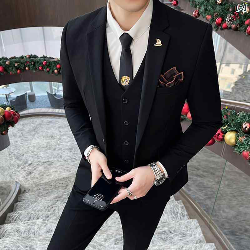 メンズ スーツ セット ビジネス スーツ 男性用 西装 職業服 礼服 伴郎服 修身型 春秋 厚手 ポリエステル 粘膠繊維 アクリル系繊維 伸縮性 平領 シングルブレスト ボタン装飾 スリット 後ろ中央 黒 グレー ビジネスカジュアル 通勤 フォーマル 結｜emuland