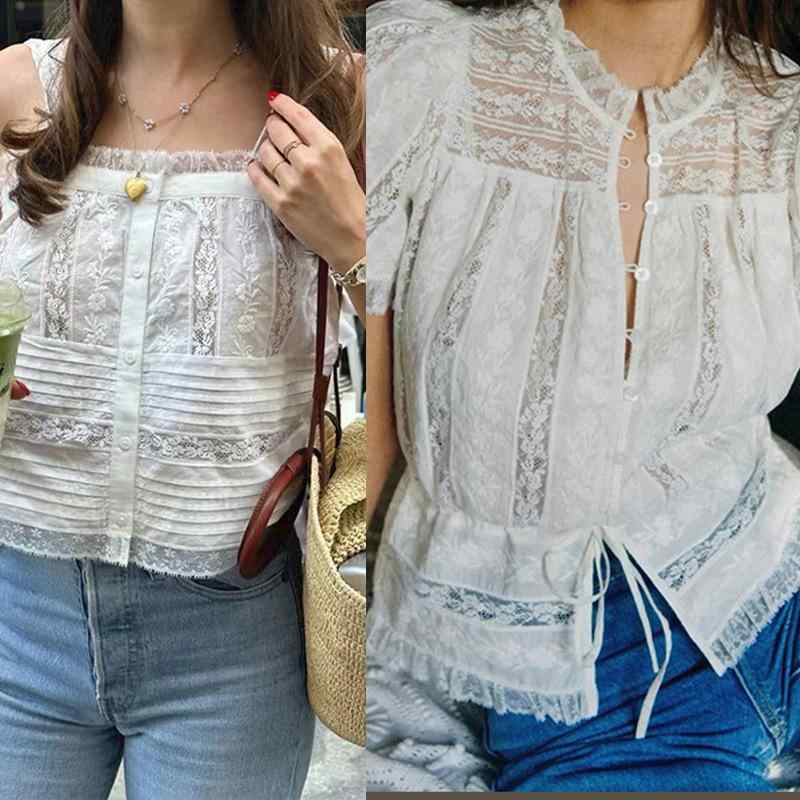 トップス 女性用 短袖 吊り紐 シャツ コットン 素材 収腰 デザイン ラウンドネック 基本款 3D プリント 効果 レース 刺繍 アクセント シングルボタン フレッシュ スイート スタイル 少女風 アイボリー カラー ピンク系 軽量 素材 夏 シーズン|emuland