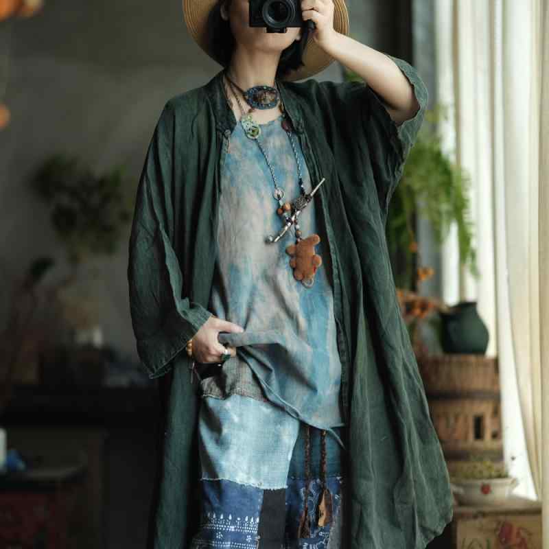 シャツ 文芸復古 長袖 麻 リネン ?松型 ?款 林?退色洗|emuland