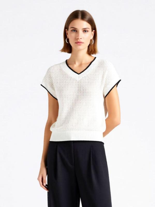 ニット トップス Vネック 半袖 Tシャツ レディース 薄手 透け感 撞色 ゆったり 夏 通年|emuland