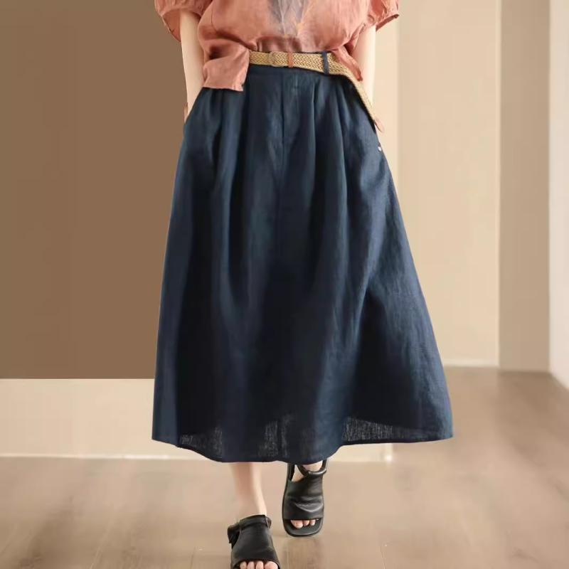 スカート レディース 半身スカート 中長丈 夏用 麻素材 Aライン ハイウエスト ワイドシルエット ゆったり リラックス 復古風 伸縮性 ナチュラル チノ ベージュ ネイビー ブラウン 軽量 通勤 普段使い カジュアル｜emuland