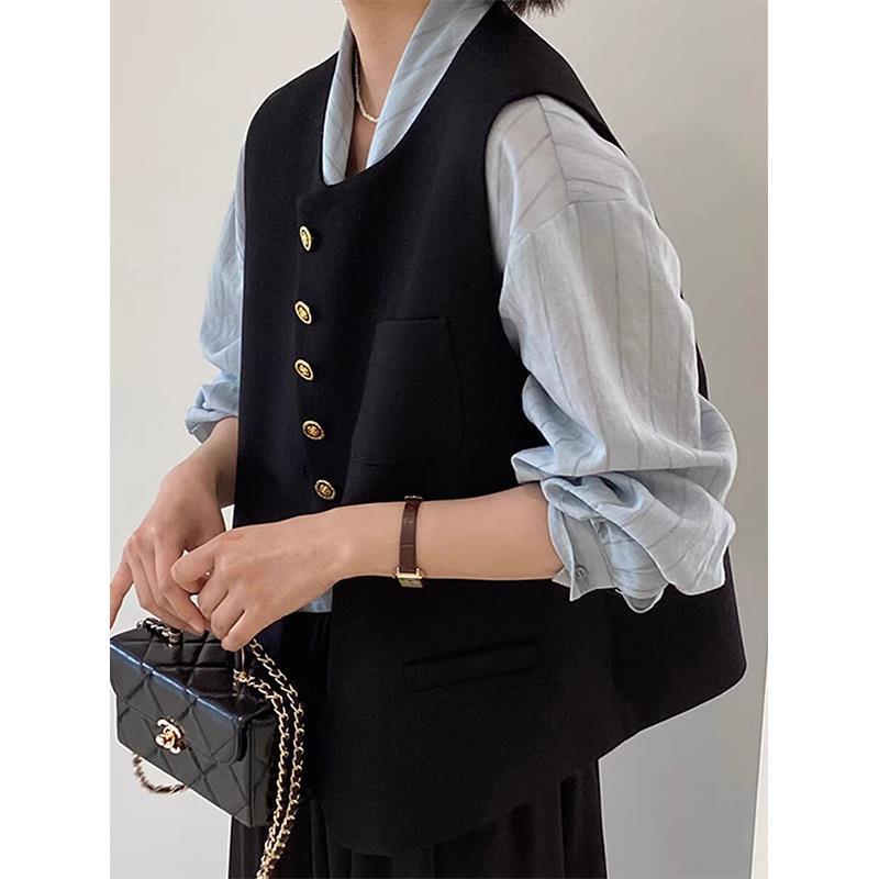 春夏新作 ノースリーブ 羽織り トレンチ風 上品 小さな香りの黒い西装 ベスト レディース｜emuland