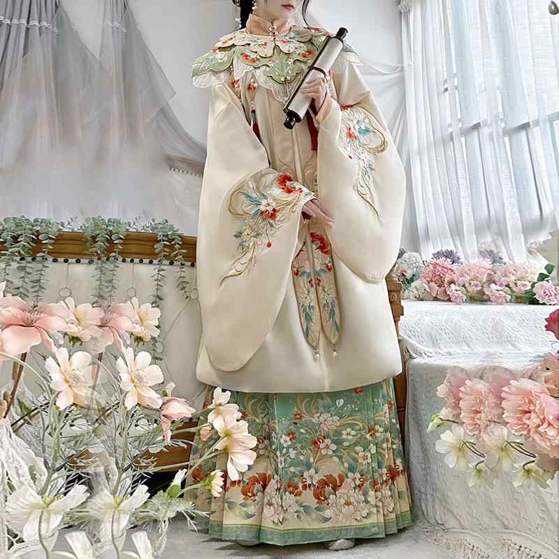 漢服 女性用 春 複雑花柄 刺繍 重厚 レイヤード ショルダー 琵琶袖 馬面スカート セット 黄色 緑色 通勤用 普段使い 軽量 伸縮性 コットン 麻 ハイウエスト ビッグシルエット Vネック ラッキーアイテム|emuland