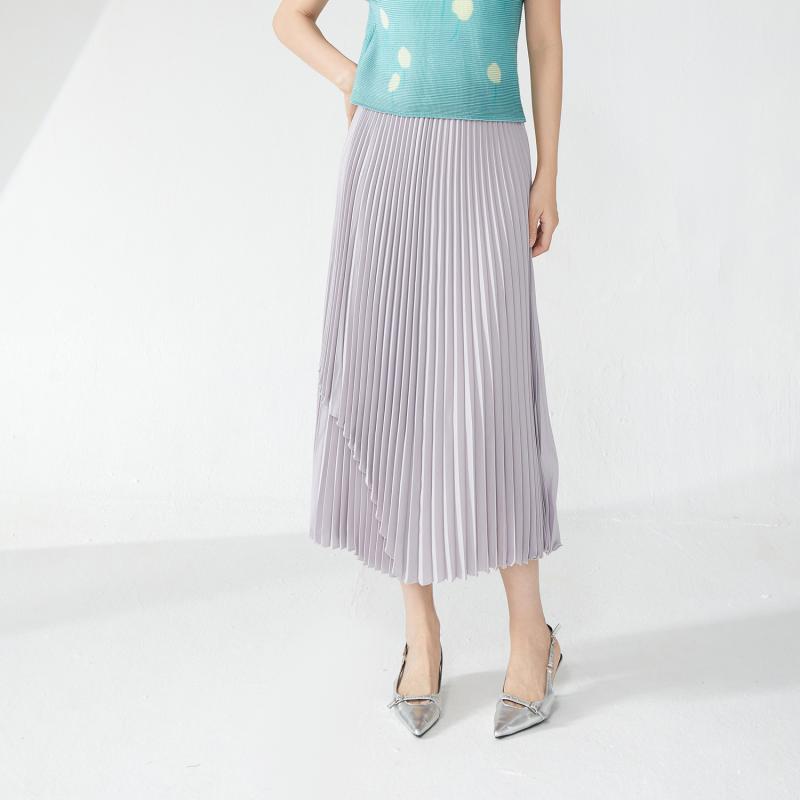スカート 女性用 半身スカート 中長丈 春夏 通勤用 気質 ハイウエスト プリーツスカート ロングスカート Aライン 純色 ポリエステル ミッドストレッチ グレー ライトブルー イエロー ピーチカラー 気質 通勤スタイル プリーツ イリュージョンヘム｜emuland