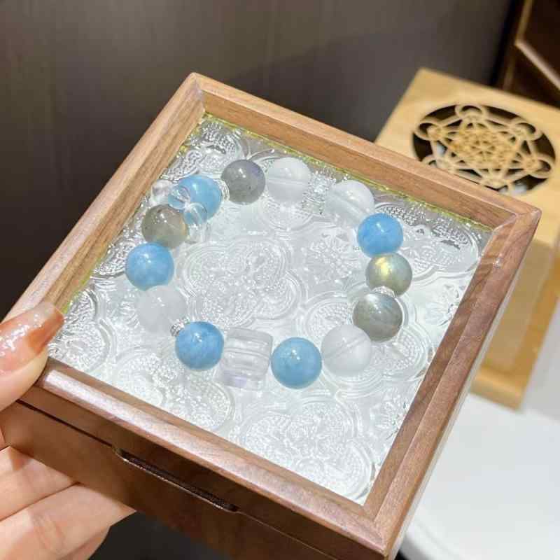 ブレスレット 女性用 天然アクアマリン グレー ムーンストーン 白水晶 シングルサークル DIY 手作り 編み込み スタイル 12mm ビーズ カラフル 珍珠 貝殻 満天星 流星雨 浪花 自然モチーフ オリジナルデザイン 春夏 アクセサリー 普段使い ギ|emuland