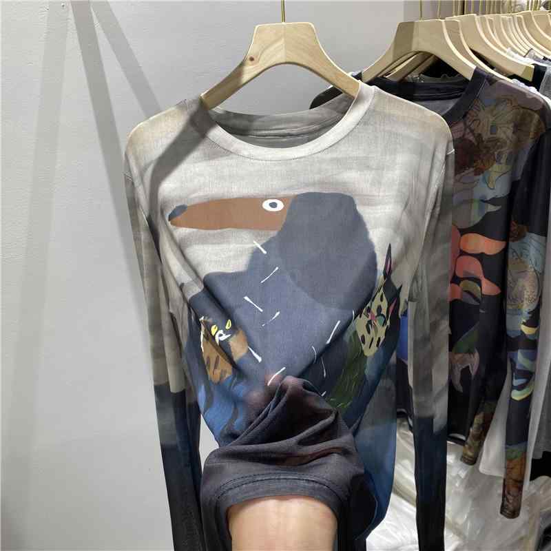 Tシャツ レディース 長袖 薄手 網? 夏 防晒 上衣 ワイド ルーズ 韓国風 プリント かわいい 猫 花柄 丸首 雪尼? PVC 素材 私服 御姐風｜emuland