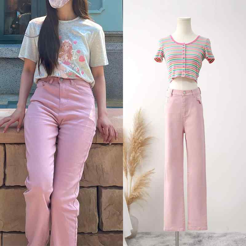 レディース デニムパンツ ハイウエスト カジュアル 通勤 美脚 ストレート テーパードパンツ 春夏｜emuland