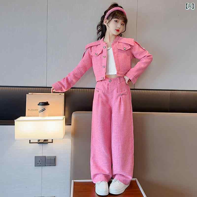 女児 セットアップ 春夏 メンズ風 ジャケット ワイドパンツ 長袖 トップス ボトムス 綿混紡 柔らかい生地 普通厚 かわいい スポーツ トレンド ピンク ベージュ 120cm 130cm 140cm 150cm 160cm 170cm 女の子 子供服 ｜emuland