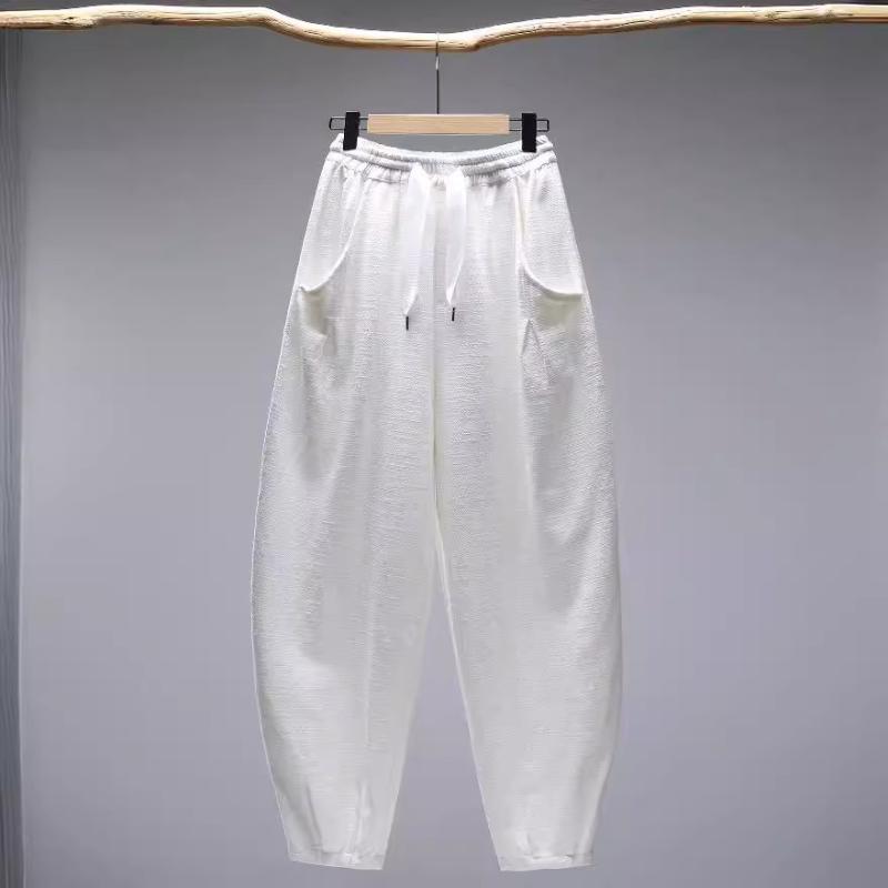 メンズ ハーレムパンツ ワイドパンツ ロングパンツ ゆったり くつろぎ コットン リネン 混紡 素材 中腰 ドローストリング クロージャー 普通 厚み 無地 柄 砂洗い 加工 多ポケット 無伸縮 ブラック 白 オレンジ 色 春秋 シーズン 耐摩耗 機能 ｜emuland