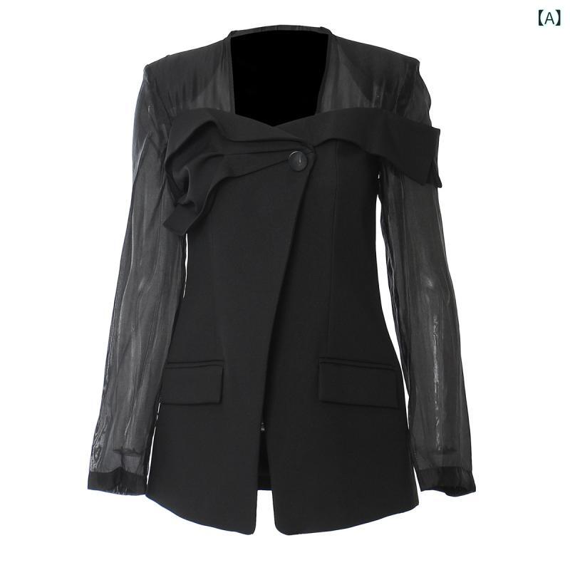 小西装 女性用 黒 春夏 長袖 方領 切り替え 半透け 格子柄 OL 通勤 ストレッチ 軽量 再生繊維 欧米風 ストリート 個性派 トップス ジャケット アウター|emuland