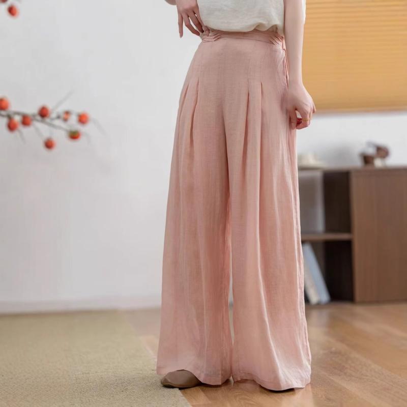 レディース ワイドパンツ ?麻 ロングパンツ 半松緊腰 ピンタック 夏用 薄手 ゆったりシルエット 気質 気楽 復古 ゆったりフィット 軽量 通勤 普段使い カジュアル 切り替えデザイン ブラック グレー ベージュ ピンク系 グリーン ネイビー｜emuland