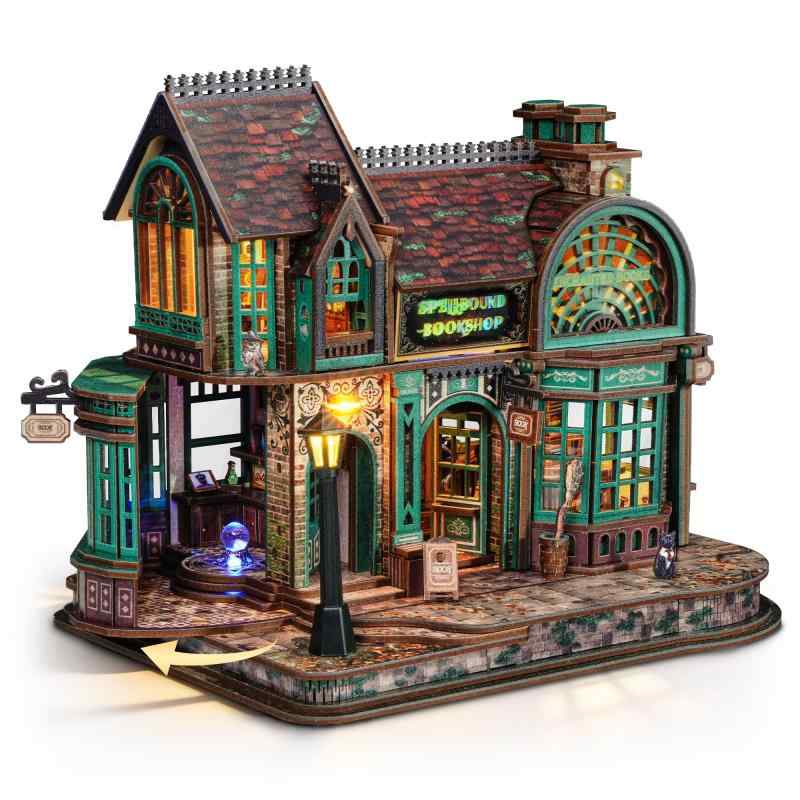 FUNPOLA 木製パズル 3Dパズル 組立キット 魔法の本屋 LED付き 難しい DIYミニチュア 立体パズル 建築模型 家の装飾 子供と大人向け 上級者向け 贈り物 英語説明書付き｜emuland