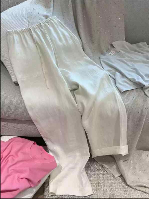 レディース ワイドパンツ 麻 素材 高腰 ロング丈 薄手 微弾性 簡約風 日韓 スタイル 軽量 ゆったり シルエット 白色 ピンク 米色 夏 シーズン 普段使い カジュアル 切り替え デザイン｜emuland