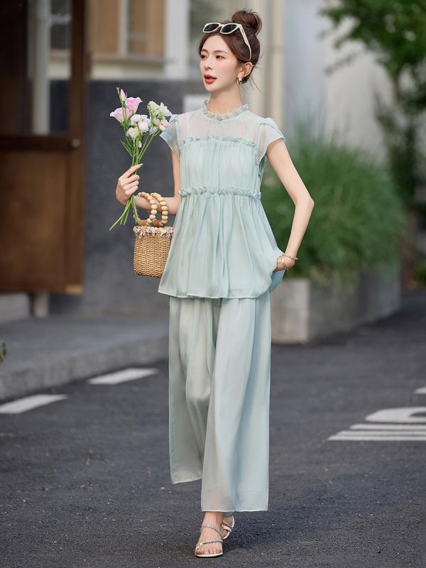レディース セットアップ 春夏 トップス ワイドパンツ セット 純色 フリル 切り替え 浅緑 軽量 ポリエステル 気質 通勤 快適 日常使い 長袖 半袖 ゆったり シルエット|emuland