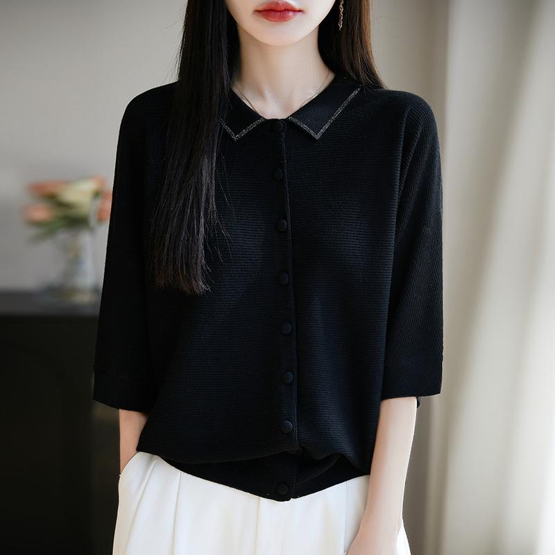 ニット カーディガン レディース 春夏 接触冷感 羊毛 混紡 ポリエステル 素材 七分袖 ポロカラー 開襟 シングルボタン ワイドシルエット ゆるめフィット 気質 通勤スタイル 気質 優雅 ライトウェイト 吸湿速乾 機能 普通丈 純色 米色 キャメル 赤|emuland