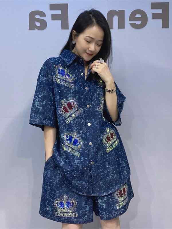 レディース デニム トップス ショートパンツ セット 夏 接触冷感 綿 混 伸縮性 ハイウエスト ワイドレッグ ブルー 韓国風 カジュアル セットアップ デイリー コーデ 軽量 涼しい|emuland