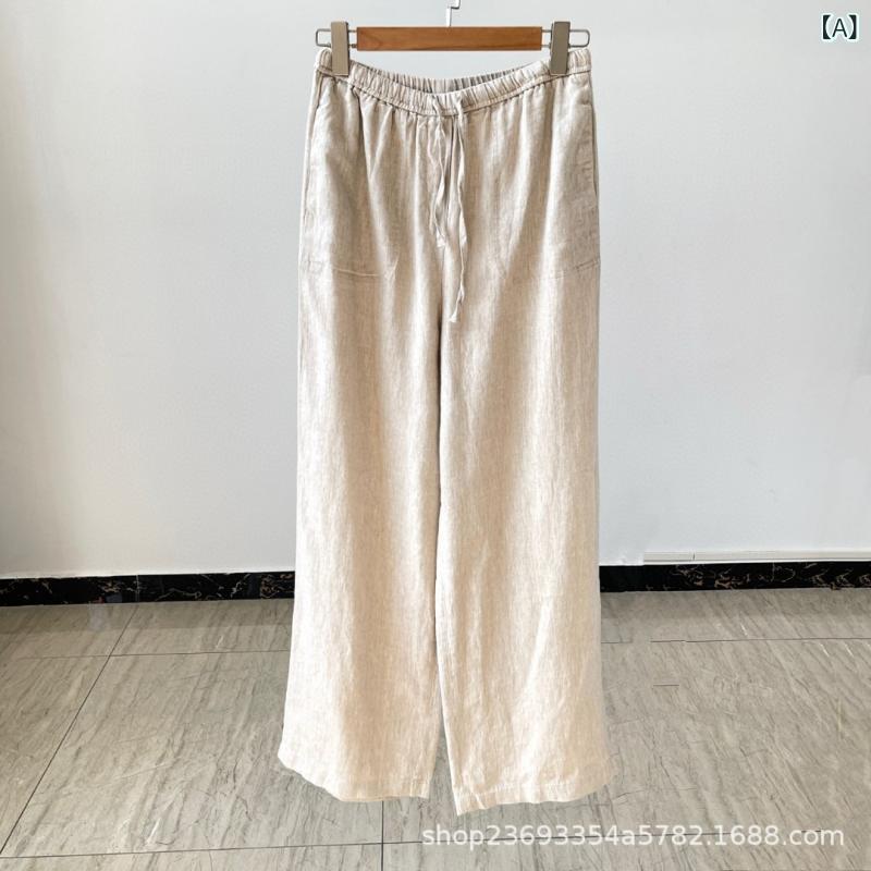 レディース 直筒パンツ ワイドレッグパンツ ロングパンツ 高腰 紐 ドローストリング ウエスト ゴム 100% リネン 麻 素材 通勤 気質 スタイル 純色 薄手 無弾性 春夏 白 杏 黒 女性用 普段使い 軽量 通勤服 爽やか シルエット ゆったり フ｜emuland