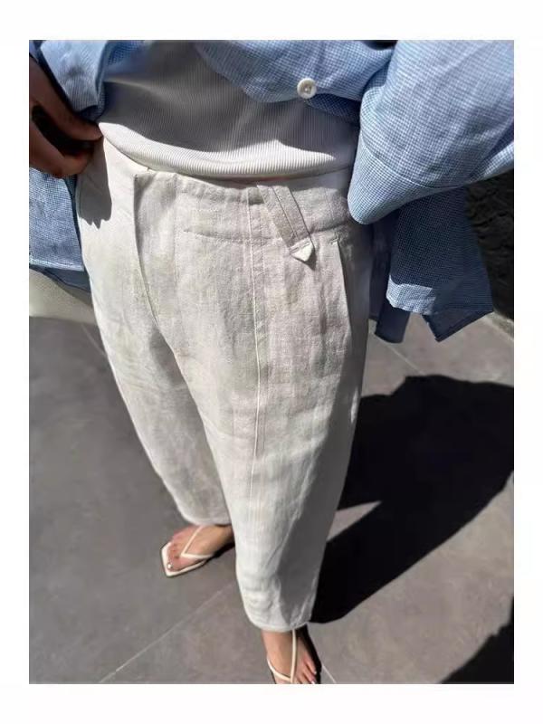 レディース ワイドパンツ 麻素材 ミルクホワイト 中高腰 ストレート ゆったり 九分丈 春夏 接触冷感 吸湿速乾 軽量 日常使い 通勤 カジュアルスタイル 再生繊維｜emuland