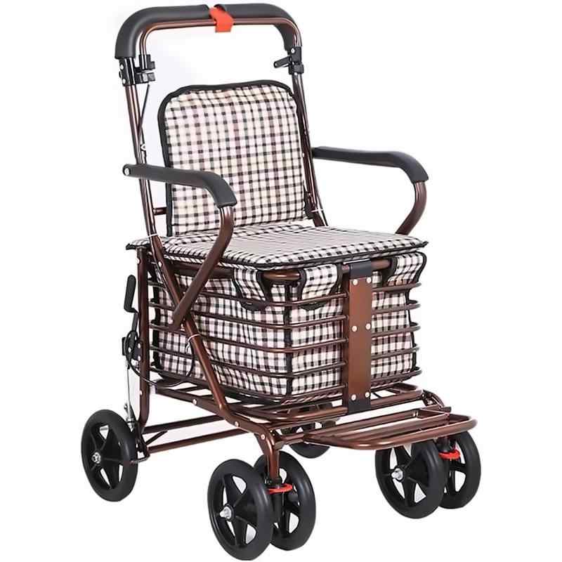 シルバーカー 座れる 折りたたみ 手押し車 軽量 介護用品 大容量バッグ 座面付き ペダル付き 歩行器 おしゃれ ショッピングカート 駐車ストッパー ブレーキ 安全 シニア お買い物 お散歩 休｜emuland