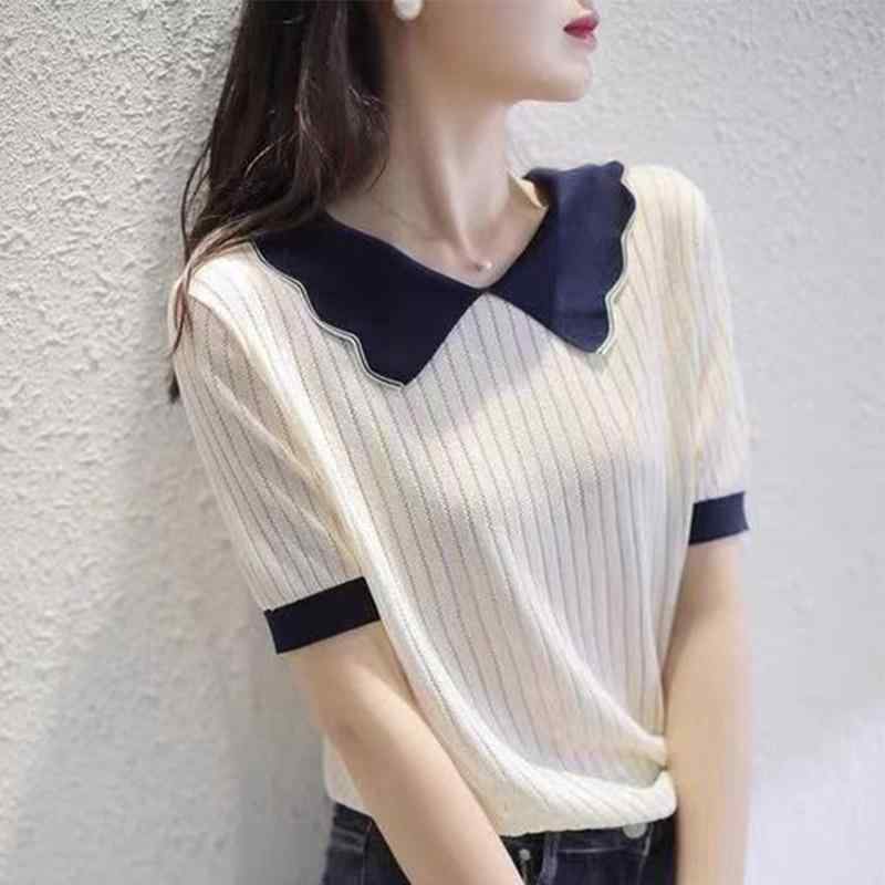 Tシャツ 女性用 夏 接触冷感 麻 素材 薄手 スリムフィット ゆったり 気質 ベーシック ストライプ 半袖 トップス 波浪領 肩落とし スリーブ アイボリー カジュアル プリンセス スタイル 軽量 吸湿速乾 爽やか 甘め デザイン 日常使い ミントグリ｜emuland