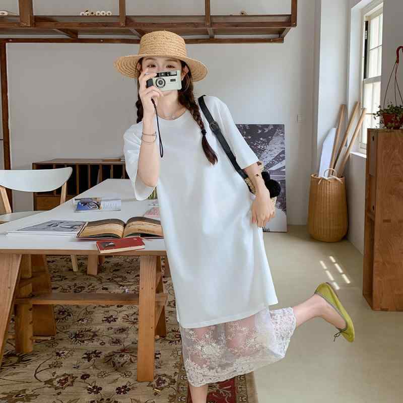 ワンピース レディース セットアップ 半袖 Tシャツ ロングスカート レース 韓国風 シンプル きれいめ カジュアル デイリー オールシーズン｜emuland