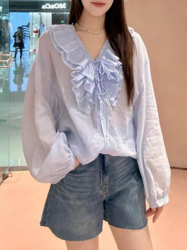 シャツ 女性用 春夏 長袖 ラミー 接触冷感 薄手 トップス ゆったり 灯籠袖 フリル 結び紐 Vネック 単排ボタン 気質 通勤風 吸湿速乾 防紫外線 ブルー ホワイト 普通丈 軽量 日常使い|emuland