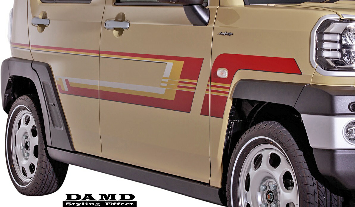 【M's】 ダイハツ タフト TAFT 前期 (2020.6-) DAMD 80's ヴィンテージストライプ (レッド×イエロー×ライトグレー) ダムド エアロ パーツ 外装 改造 カスタム 新型 昭和 レトロ DAIHATSU 6BA-LA910S 6BA-LA900S 5BA-LA910S 5BA-LA900S サイド カッティング ステッカー