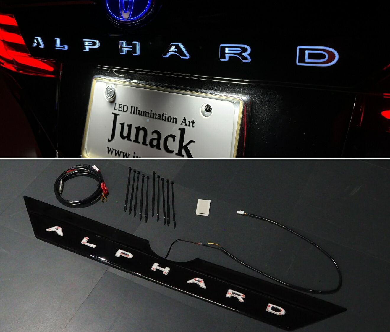 【M's】 40系 アルファード (2023.6-) Junack LEDトランスワード イルミネーション リアエンブレム用 (アッシュブルー) 社外 ジュナック パーツ 部品 外装 カスタム ドレスアップ エクステリア 新型 現行 TOYOTA トヨタ エンブレムイルミ 40アルファード 40 40ALPHARD LTW-T1｜エムズパーツshop　店