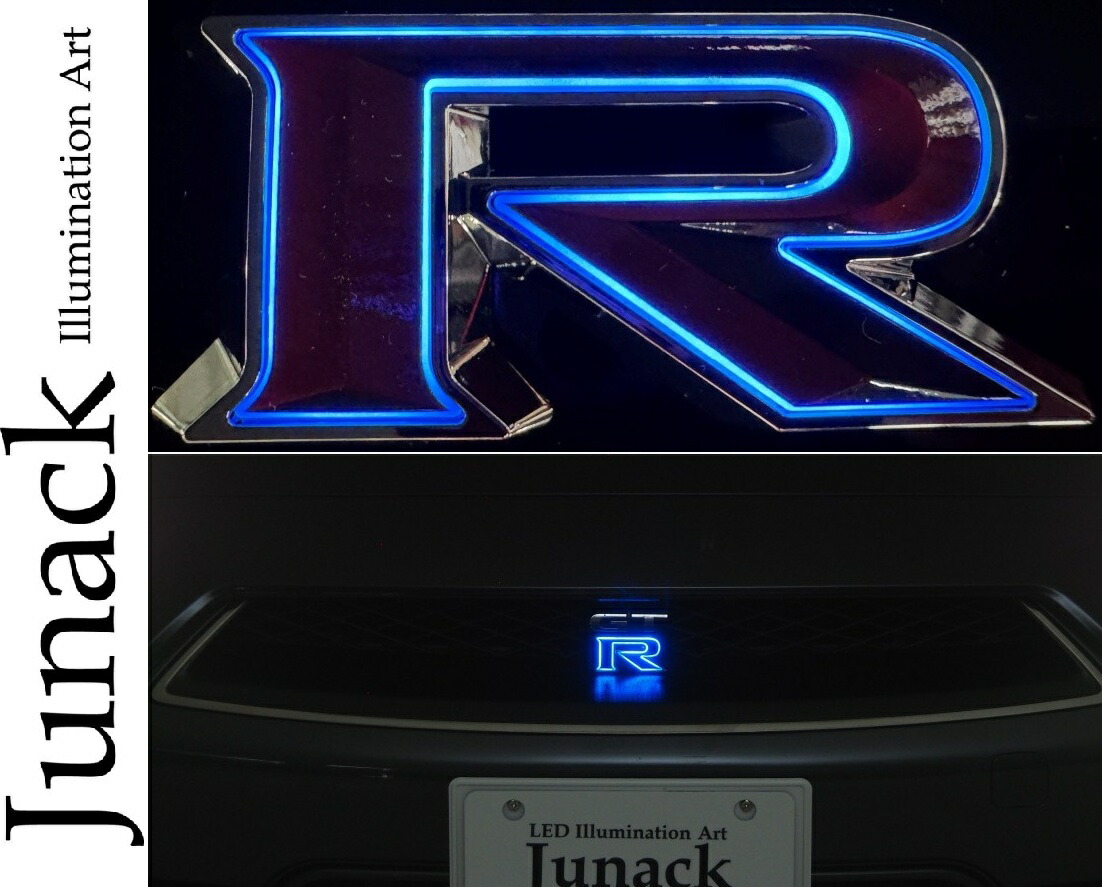 【M's】 日産 R35 GT-R DBA-R35 (2007.12-2025.8) Junack フロント LEDトランスエンブレムR 輪郭発光 (ブルー) 青 ジュナック 社外 パーツ 部品 外装 カスタム ドレスアップ エクステリア Rマーク 発光 光る エンブレム イルミ アクセサリー NISSAN 35GTR 35GT-R LTE-R1-OB
