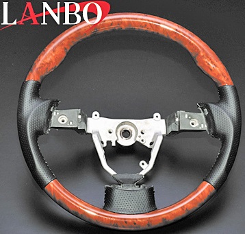 【M's】ダイハツ ムーブ L175/185S(2006y-2010y)LANBO ガングリップ コンビステアリング(茶木目調)//DAIHATSU MOVE 社外品 ランボ ハンドルパンチングレザー ブラックレザー ウォールナット|エムズパーツshop 店