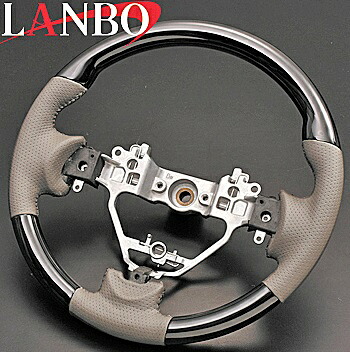 【M's】スズキ エブリィ ワゴン(DA17W)LANBO ノーマルグリップタイプ コンビステアリング(ピアノブラック×グレーレザー)//社外品 SUZUKI EVERY WAGON ランボ ハンドル パンチングレザー|エムズパーツshop 店