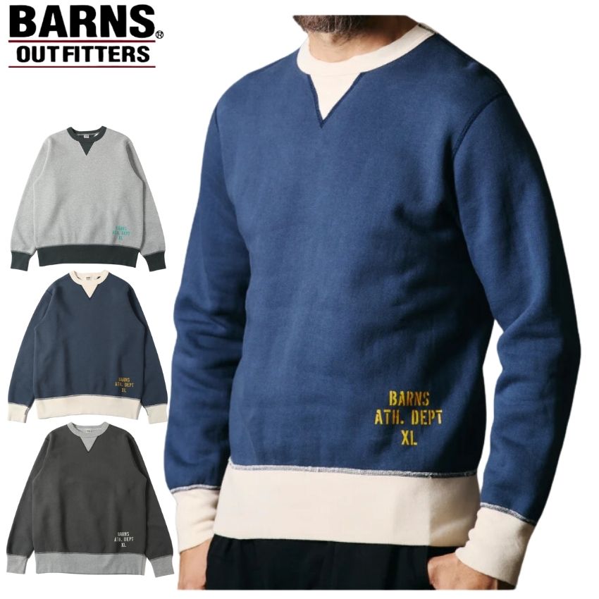 【 BARNS 】ジョージバーンズ BR-24418 労働者の一団のど首 汗水 リミテッドカラー ステンシル 衿袖裾色彩設計うつり変わり  Vガゼット 甚だしい加重値 COZUN 裏起毛 長袖 調教師 メンズ トップス アメカジ 日本製