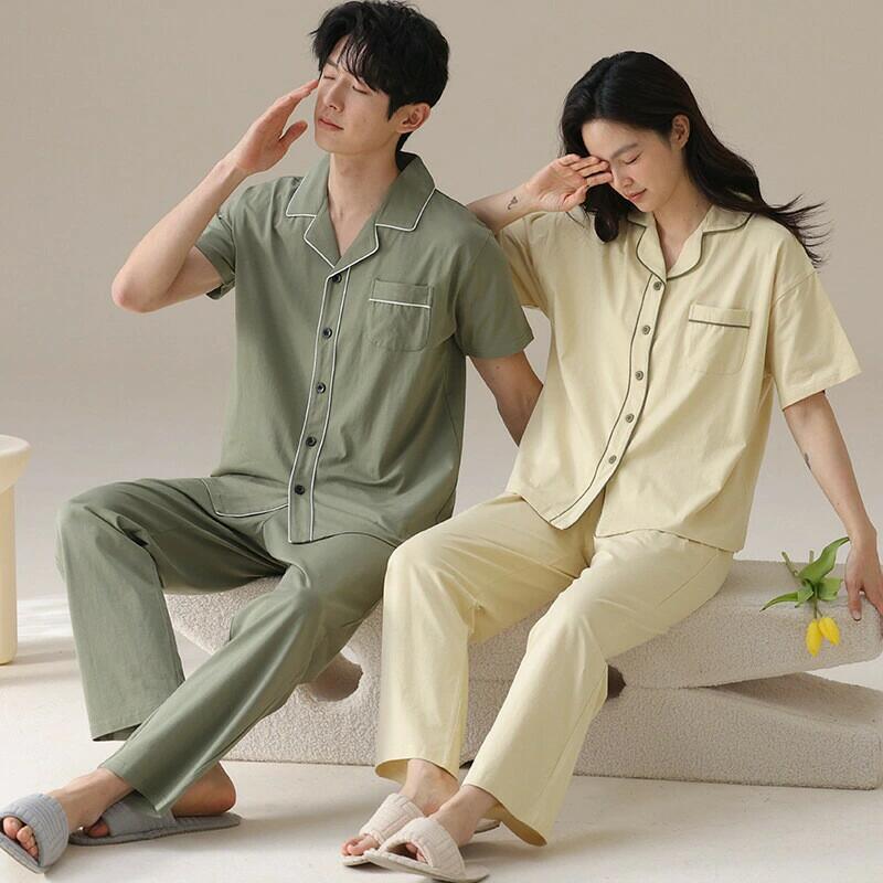 ペア パジャマ 半袖 夏 男女2着 セット 春 無地 カップル 綿薄手 ルームウェア 半袖トップス ロングパンツ 高級 春夏 ペアパジャ