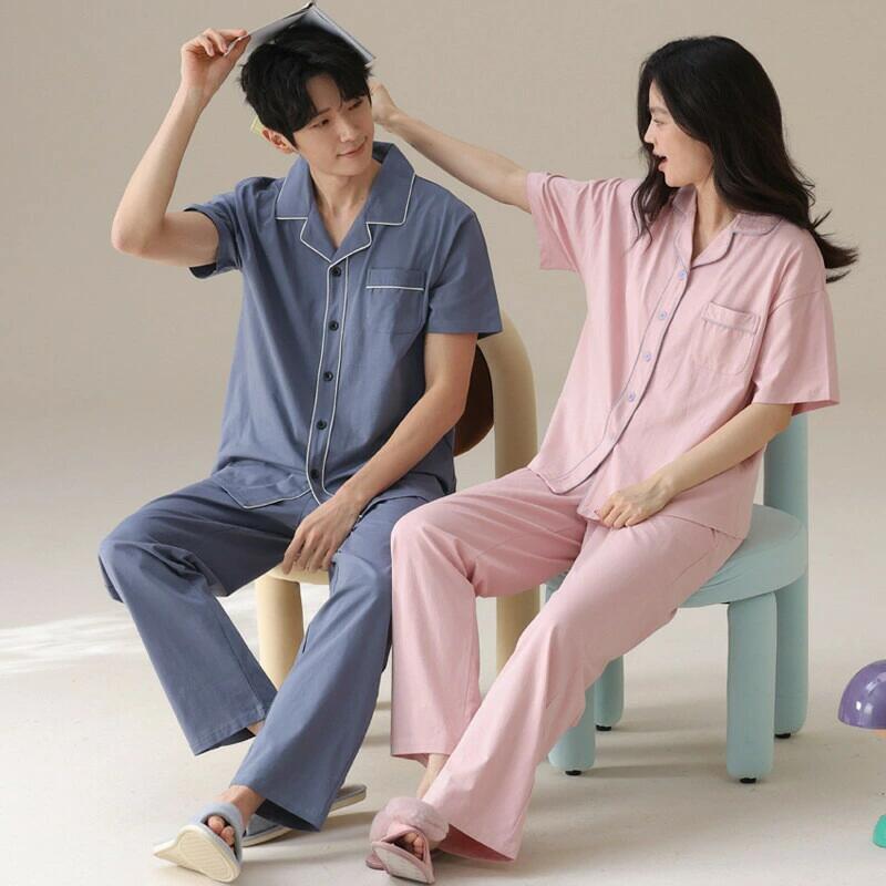 ペア パジャマ 半袖 夏 男女2着 セット 春 シンプル セットアップ カップル 綿薄手 ルームウェア 半袖トップス ロングパンツ 高級