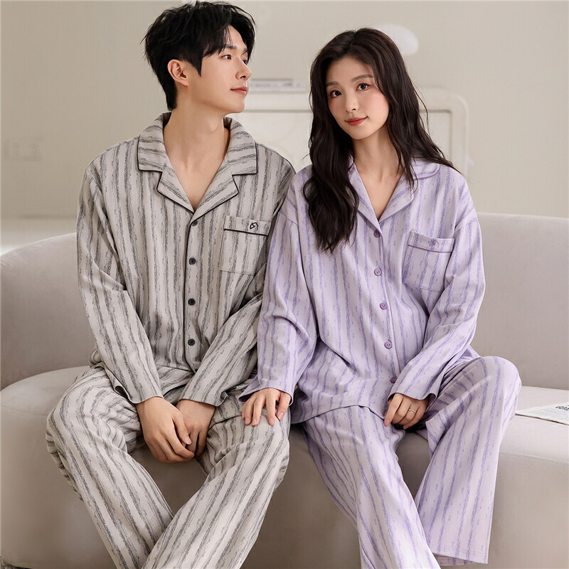 ペアルック パジャマ 長袖 男女2着 セット シンプル 春 秋 ストライプ ロングパンツ ルームウェア 綿 ポリエステル 冬 ペアルックパジャマ 結婚祝い