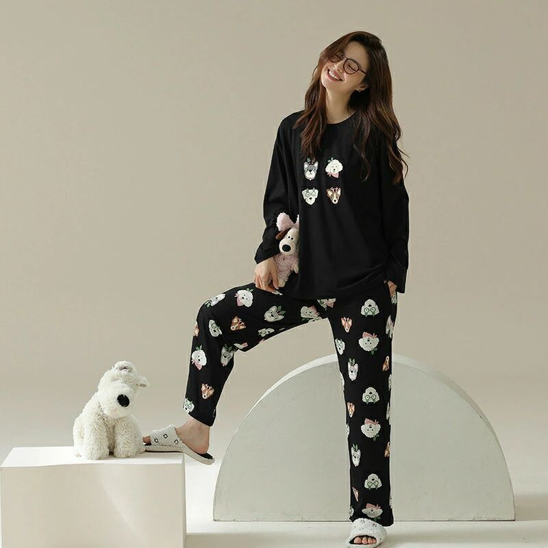 パジャマ レディース 冬用 長袖 ルームウェア 秋 犬 抗菌 春 綿きれいめ コットン 可愛い 上下セット 10分丈 大人 綿100 冬 ロン