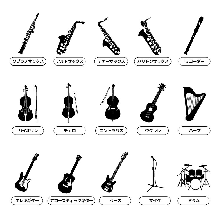 ソプラノサックス/アルトサックス/テナーサックス/バリトンサックス/リコーダー/バイオリン/チェロ/コントラバス/ウクレレ/ハープ/エレキギター/アコースティックギター/ベース/マイク/ドラム/