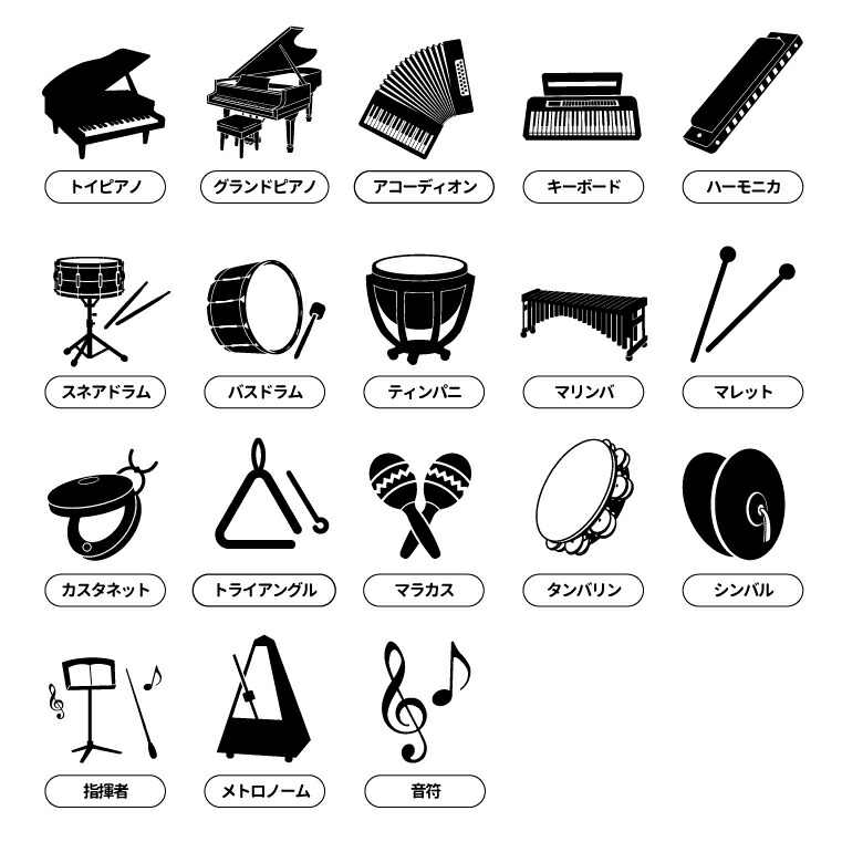 トイピアノ/グランドピアノ/アコーディオン/キーボード/ハーモニカ/スネアドラム/バスドラム/ティンパニ/マリンバ/マレット/カスタネット/トライアングル/マラカス/タンバリン/シンバル/指揮者/メトロノーム/音符