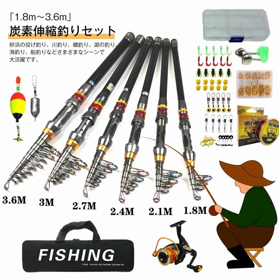 つり銭書き割り 1.8m～3.6m 釣り竿 スピニングリール つり銭餌 釣り糸付き添い人 未経験者向け 納める御徒面子付き添い人